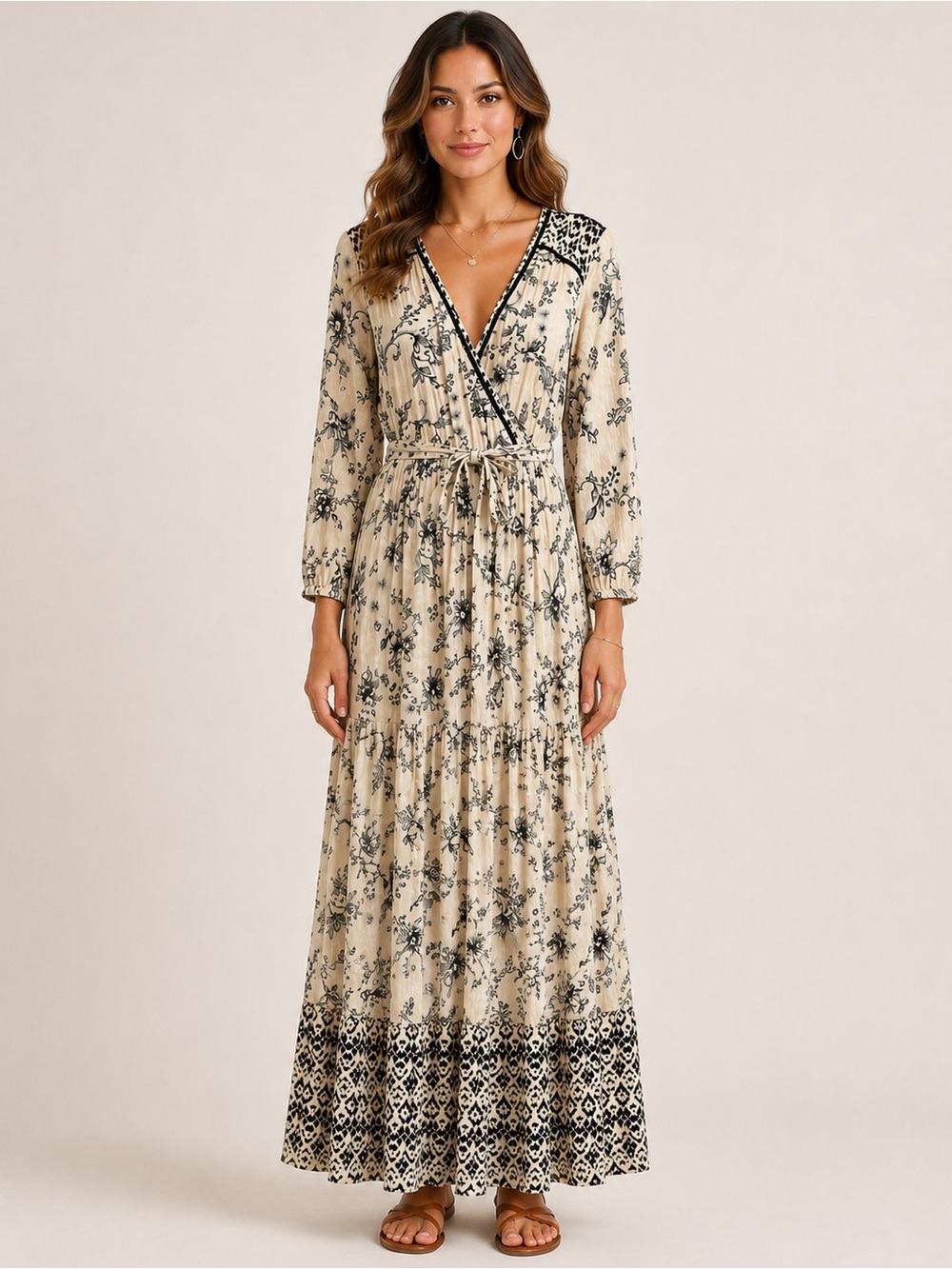 Knox Rose Maxi Dress Medium Ivory Black Floral Faux Wrap Boho Prairie Rayon - Picture 3 of 7